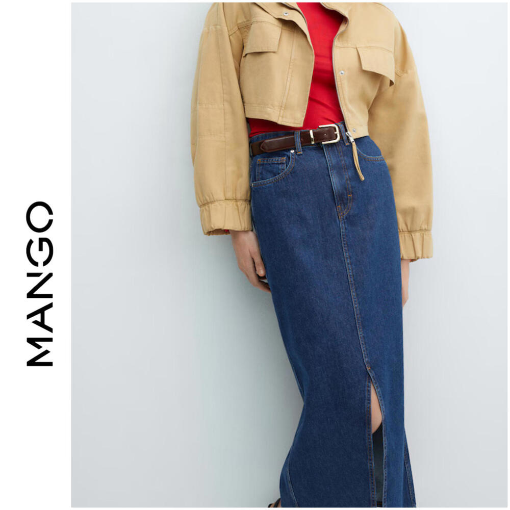 NWT MANGO | SZ S | MAXI Boho Y2K High Waist Long Denim Blue Medium Wash Skirt - Picture 1 of 8
